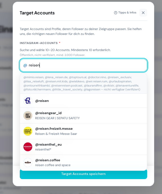 Target Accounts -Live Instagram-Suche im neuen Dashboard